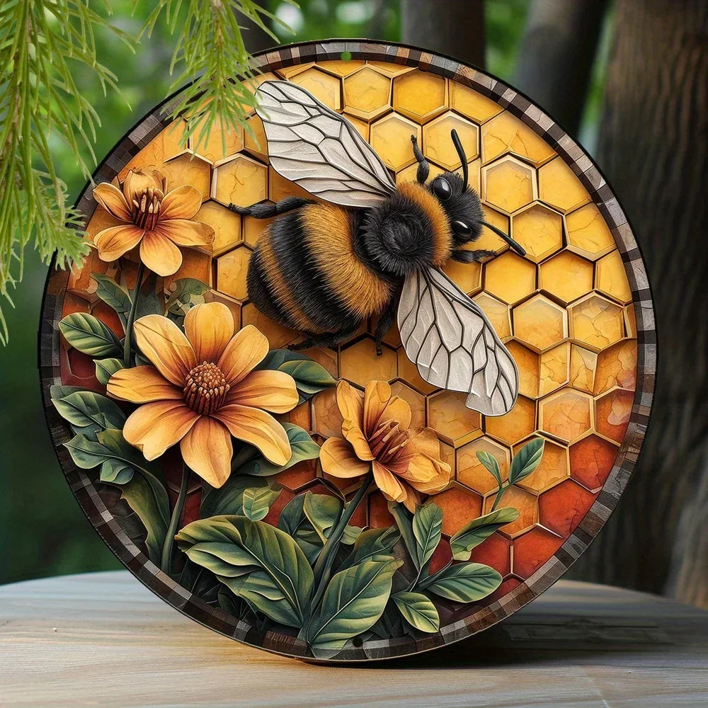 Round Metal Aluminum Sign Bee & Honeycomb Decorative Plates Entrance Decor Gift Mask Theme For Bar Club Home Room Wall Decor