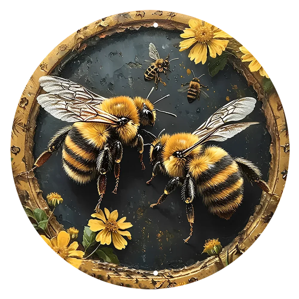 Round Metal Aluminum Sign Bee & Honeycomb Decorative Plates Entrance Decor Gift Mask Theme For Bar Club Home Room Wall Decor
