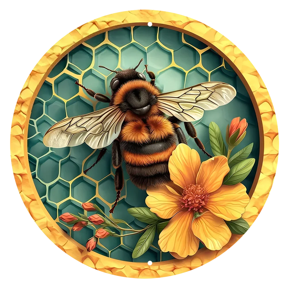 Round Metal Aluminum Sign Bee & Honeycomb Decorative Plates Entrance Decor Gift Mask Theme For Bar Club Home Room Wall Decor